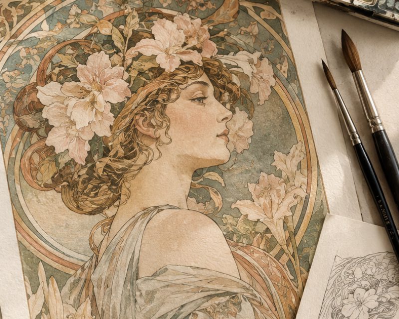 Aquarell-Meisterklasse: inspiriert von Alphonse Mucha